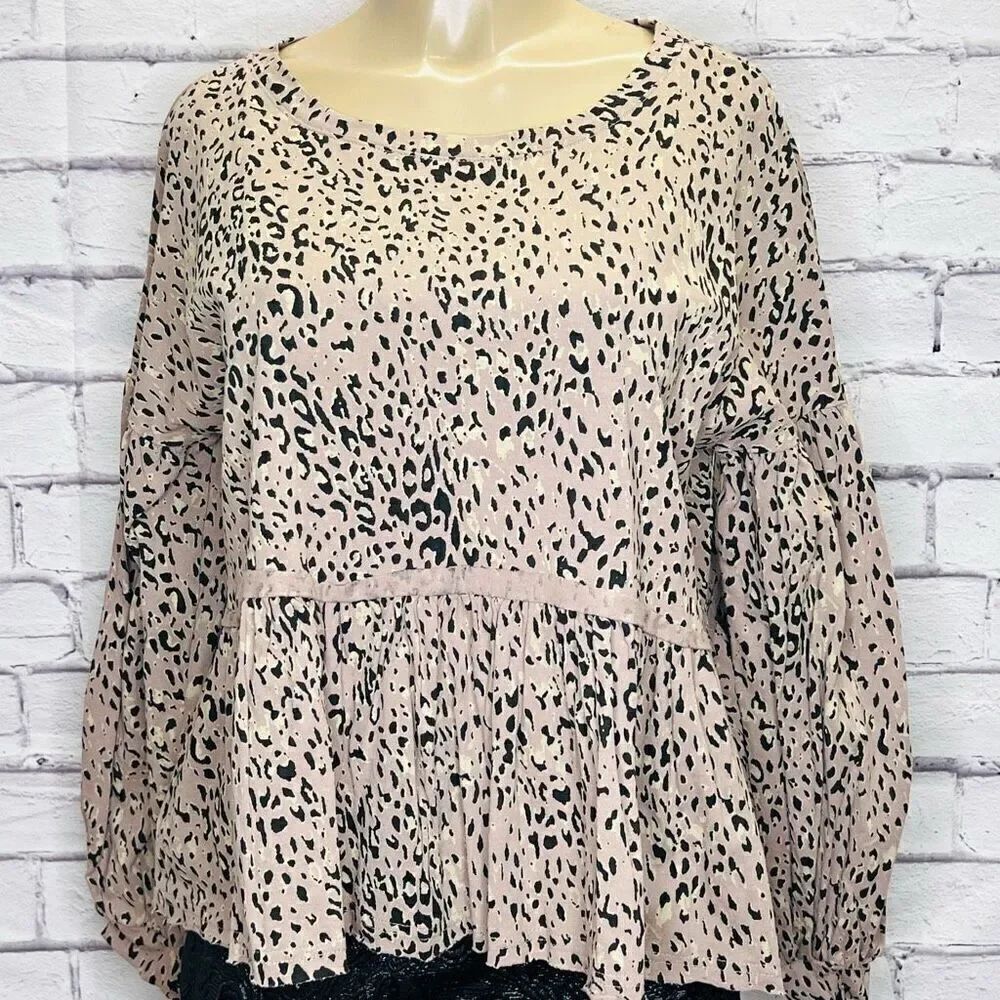 Fate Womens Pink Leopard Print Balloon Sleeves Tiered Peplum Top Size Small